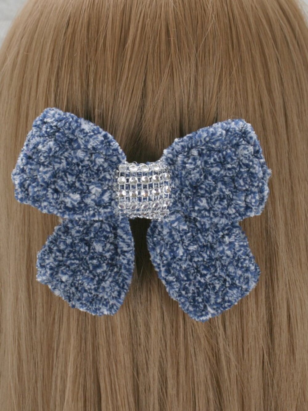 HAND CRAFTED Hair Bow Kids Crochet Chenille Velvet Hair Barrette Oversized Blue